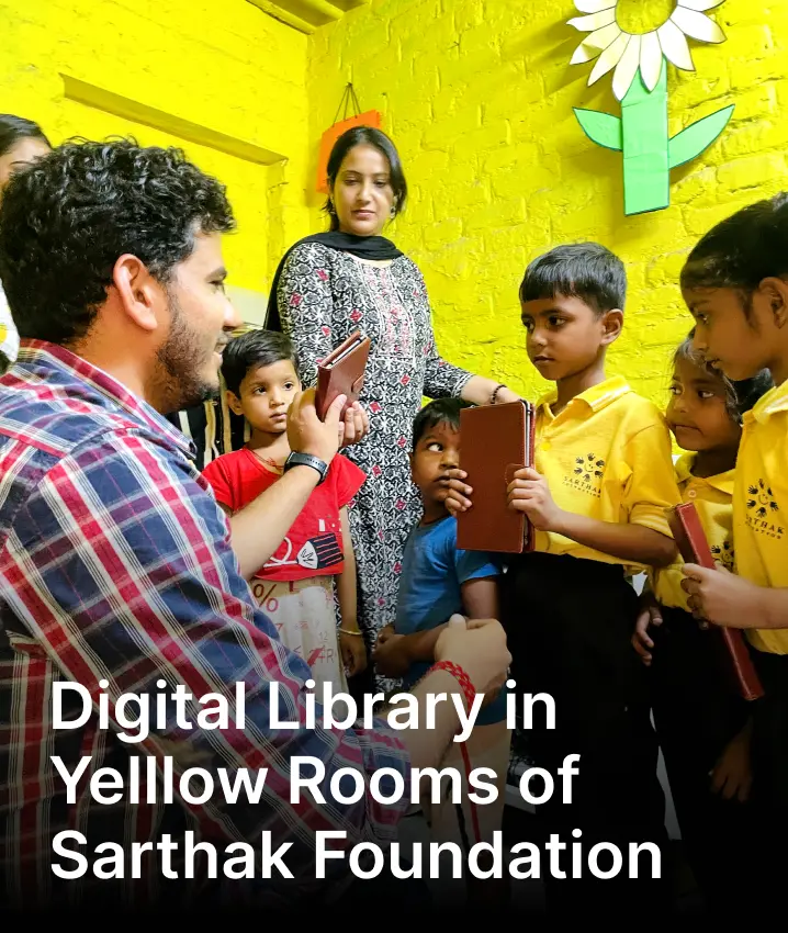 An image showing tablet-based digital libraries implemented by iDream Education at the Yellow Room of Sarthak Foundation, offering digital learning opportunities