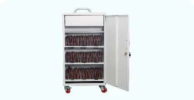 Image showing a tablet charging trolley, also known as a charging station, designed for a simplified ICT lab setup in schools, with multiple tablets neatly organized and connected for charging