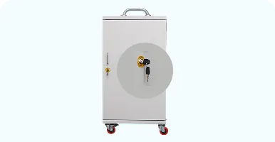 Image showing a reliable locking system in a storage and charging rack, designed to safeguard tablets and other devices in a school ICT lab setup