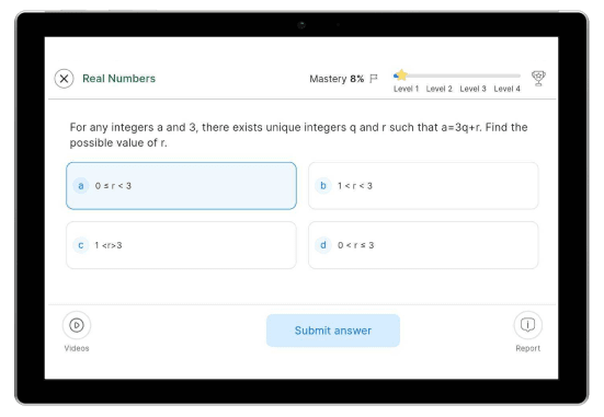 Tablet displaying an adaptive practice question tailored for remedial learning of school students