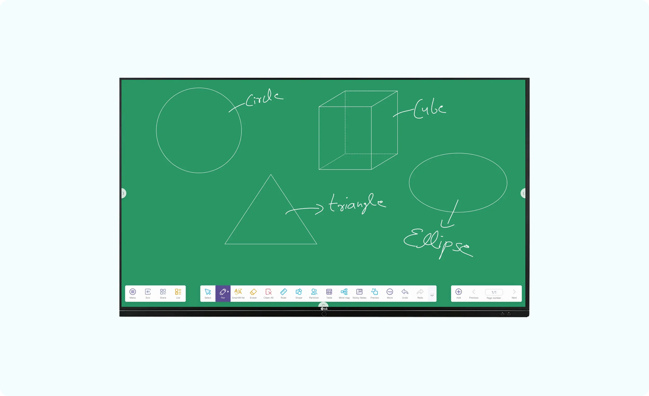 Interactive board displaying an annotation feature being used to write and draw, mimicking a traditional blackboard