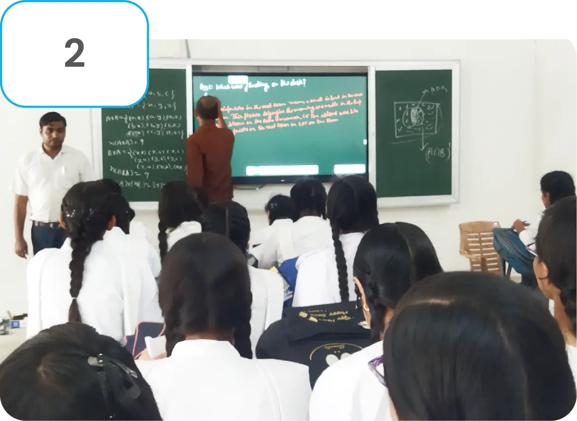 Image of an LG Interactive Digital Board 65-inch, being used in a classroom of Noida for teaching, with a teacher engaging students using the board's interactive features