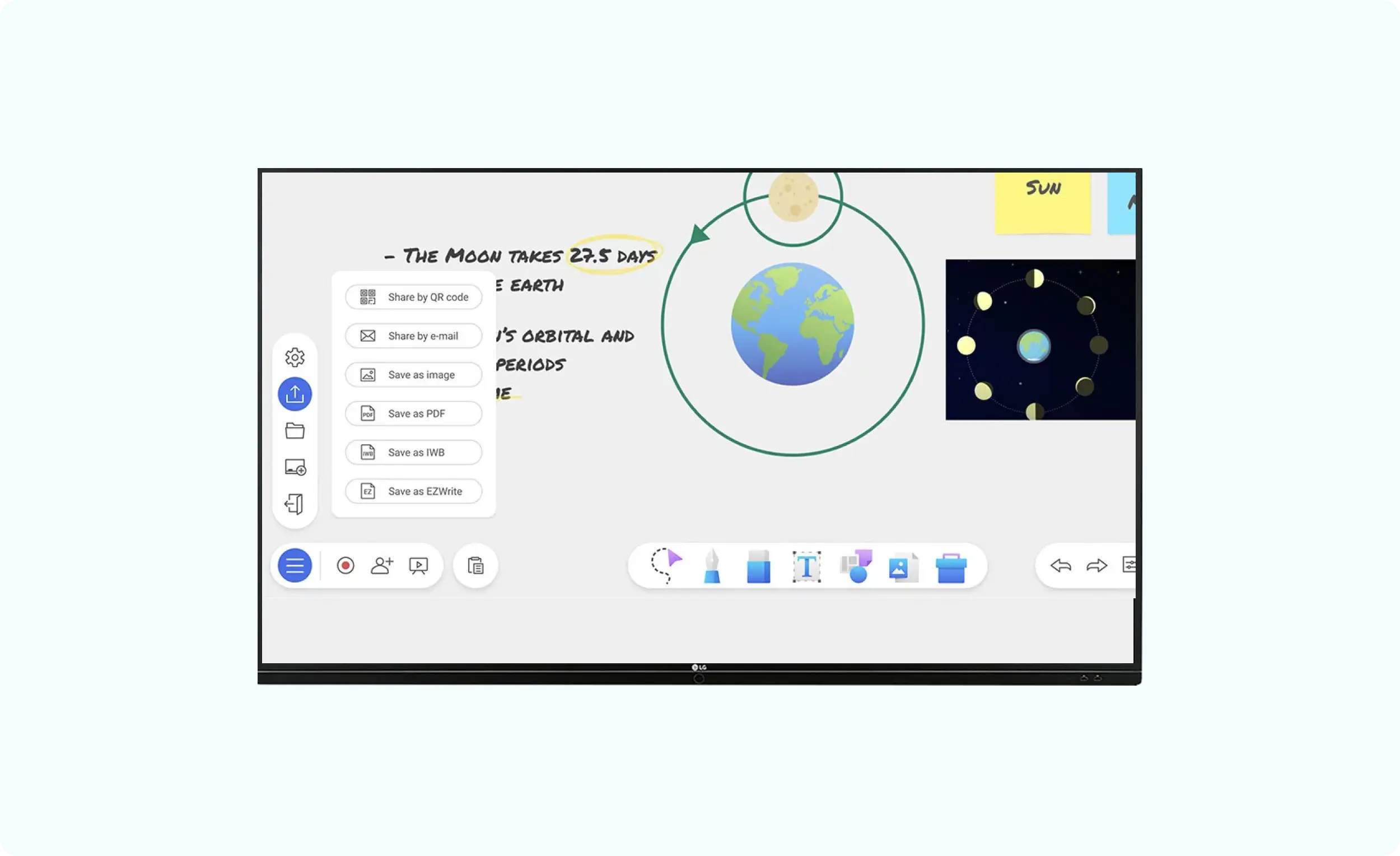 Smart board showcasing the save lesson feature where teacher can save written notes and diagrams for later use, highlighting its utility in preserving classroom sessions