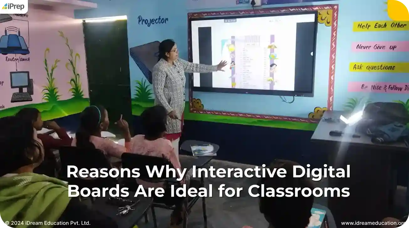 Teacher using a digital board for teaching implemented by iDream Education for an interactive and engaging teaching session