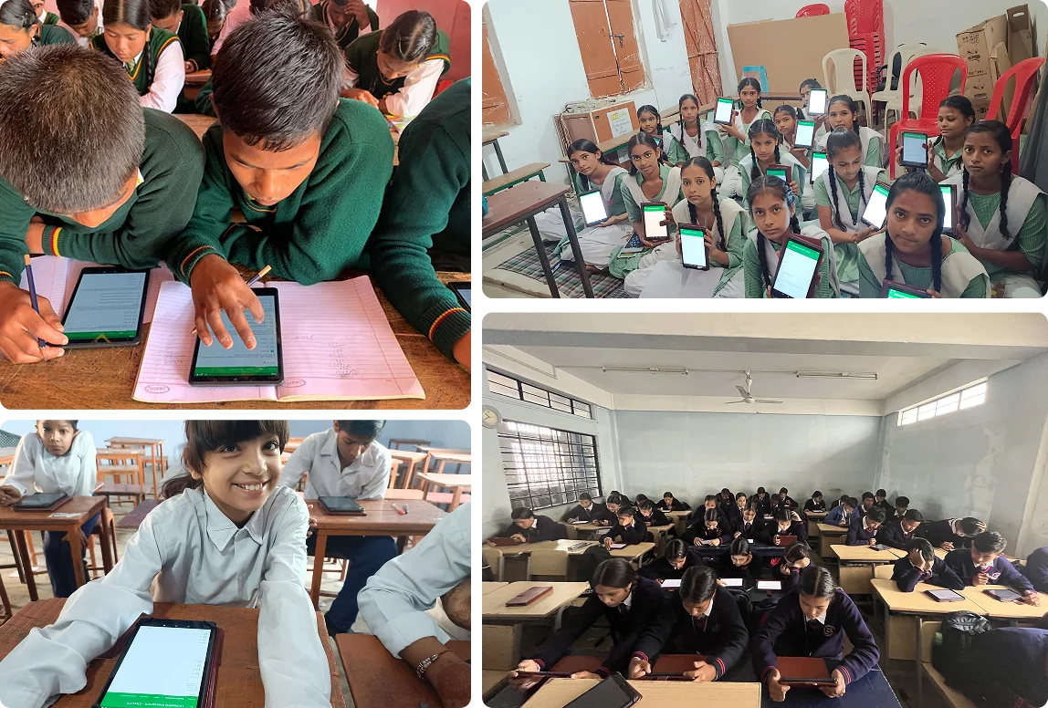 Image collage with students using education tablets for learning and some for assessment, as these are online assessment tools in education