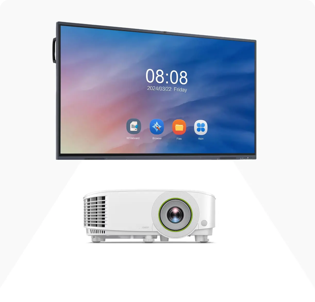 Image of Smart class hardware for schools featuring an interactive flat panel (IFP) and a projector for digital teaching and learning