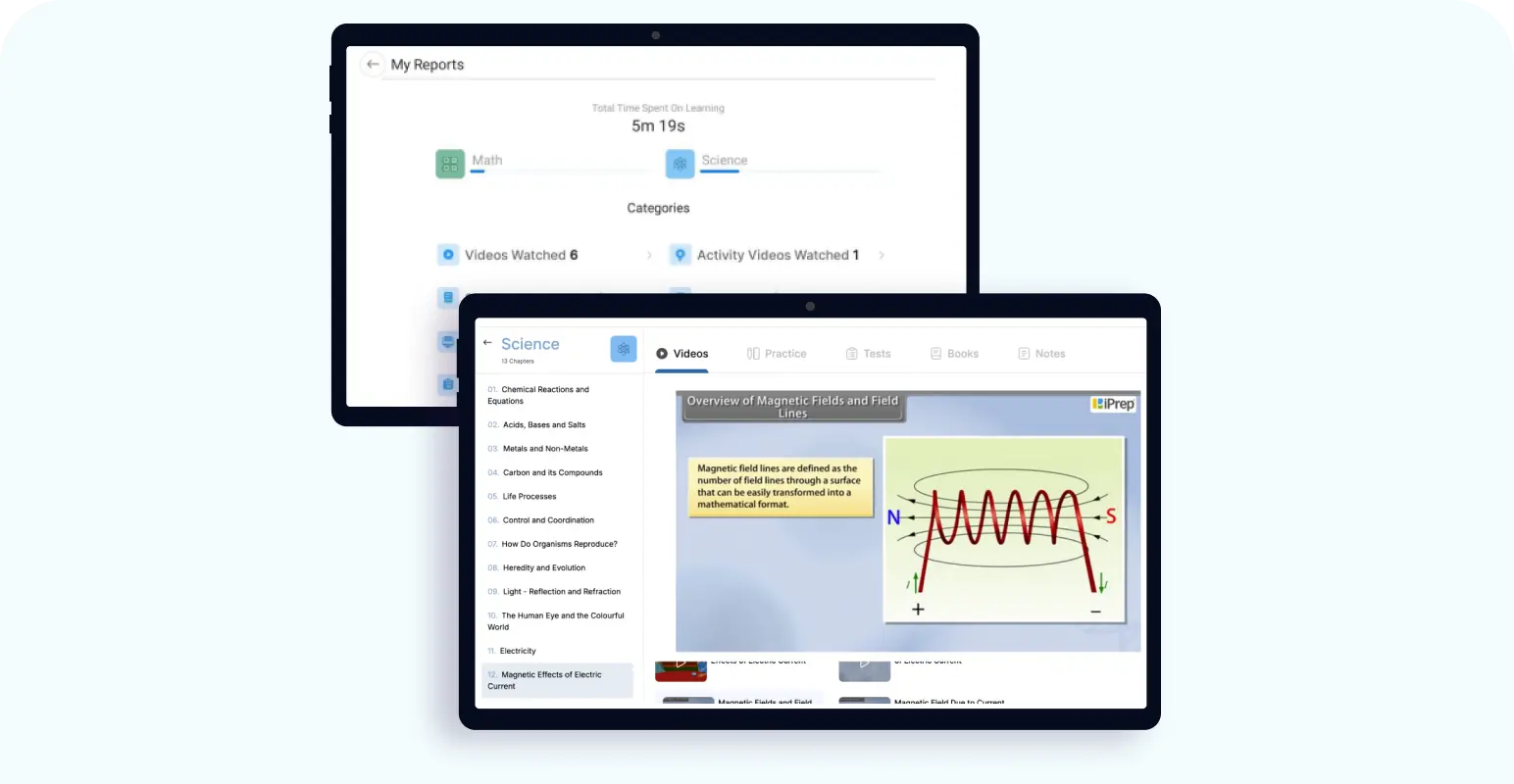 Tablets displaying digital learning content for school students along with student-level usage data for monitoring and progress tracking