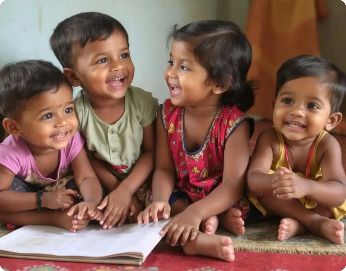 Children at an Anganwadi center sitting together, engaging in learning activities and enjoying their early childhood education years