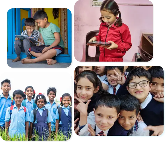 A collage of images showing children from Anganwadi centers and primary schools engaged in learning through FLN curriculum books and online early childhood education courses on a learning tablet