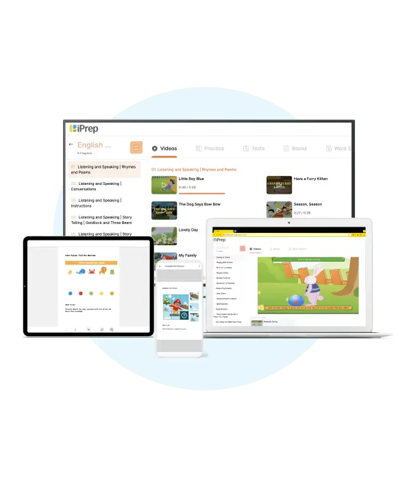 Early childhood education digital content displayed on a smart class tablet, laptop, and mobile, highlighting its accessibility across all devices for seamless learning