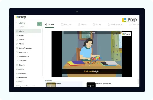 Tablet displaying interactive digital learning content for math one of the early childhood education subjects shown on the iPrep platform