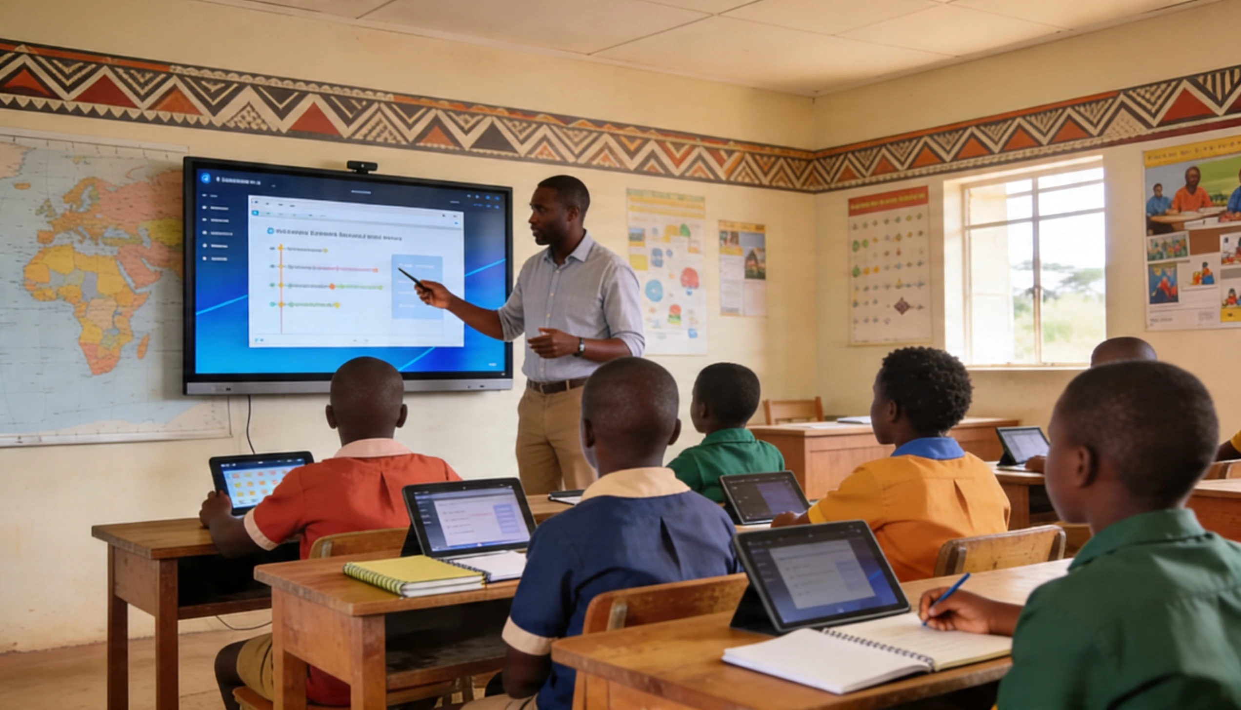 Students learning with digital devices in a classroom