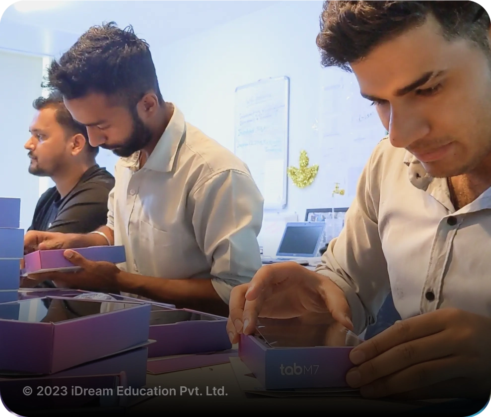 Visual of the tablet readiness process where tablets are loaded with iPrep Learning Platform, and learning content for offline usage