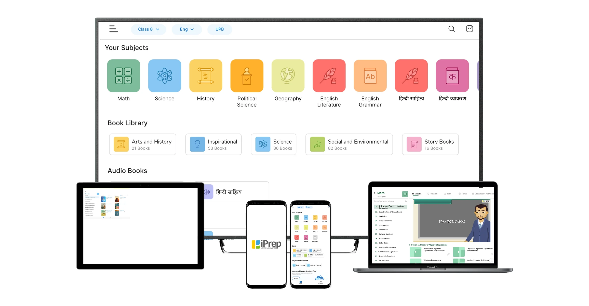 iPrep LMS for schools displayed on multiple digital classroom devices