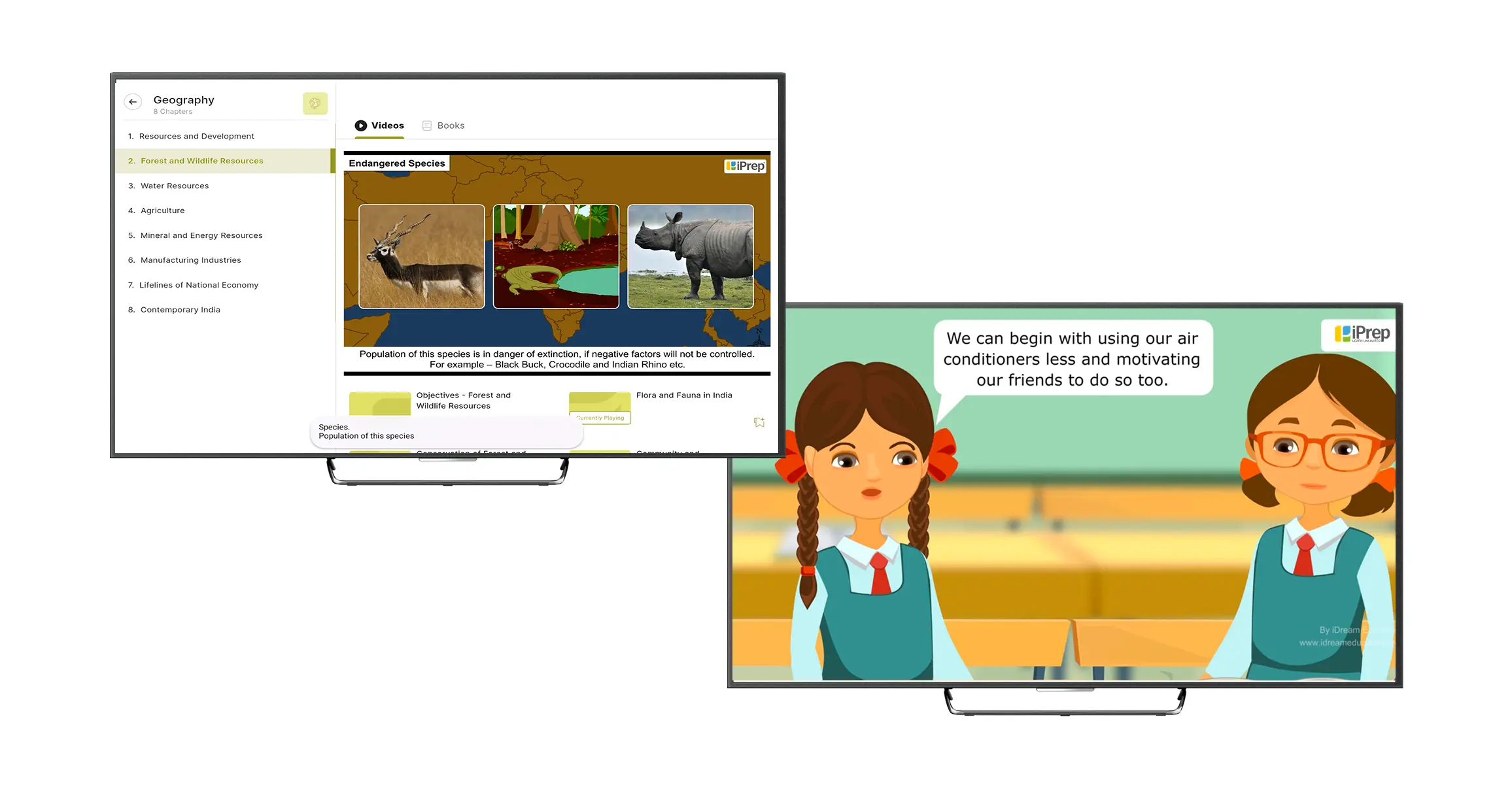 K–12 digital content displayed on a Smart TV and interactive flat panel designed for a smart classroom setup