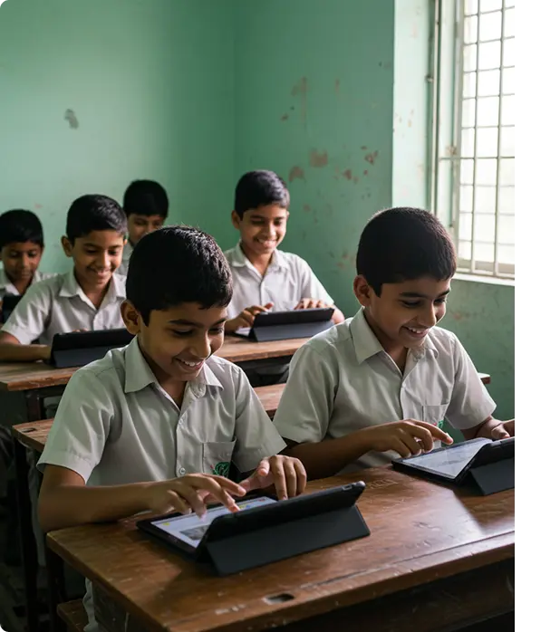 Students using learning tablets provided by an education NGO under a CSR education program