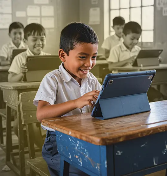 Students happily engaged in learning using educational tablets in a tech-enabled classroom