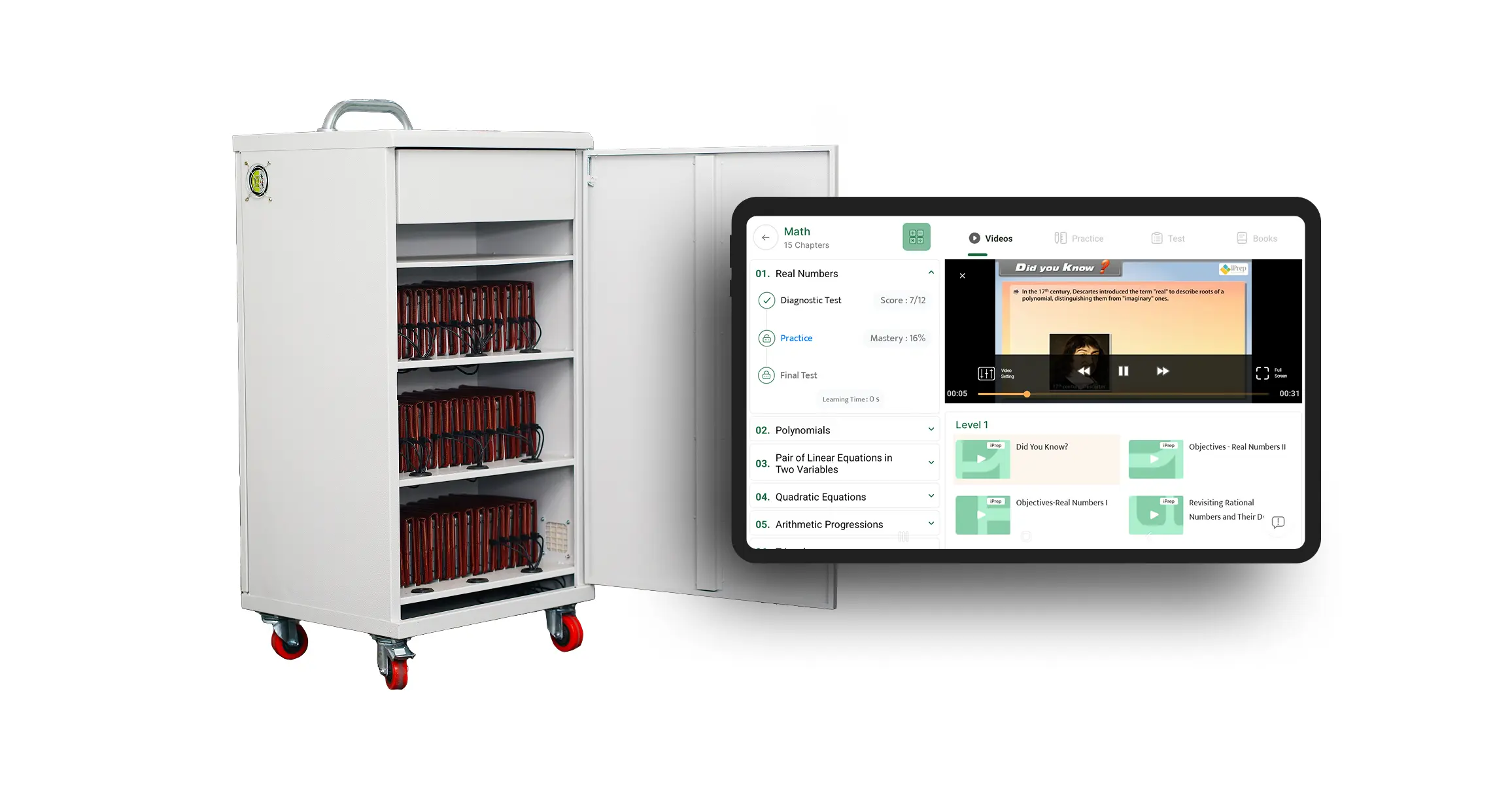 Tablet storage and charging trolley for a digital library setup