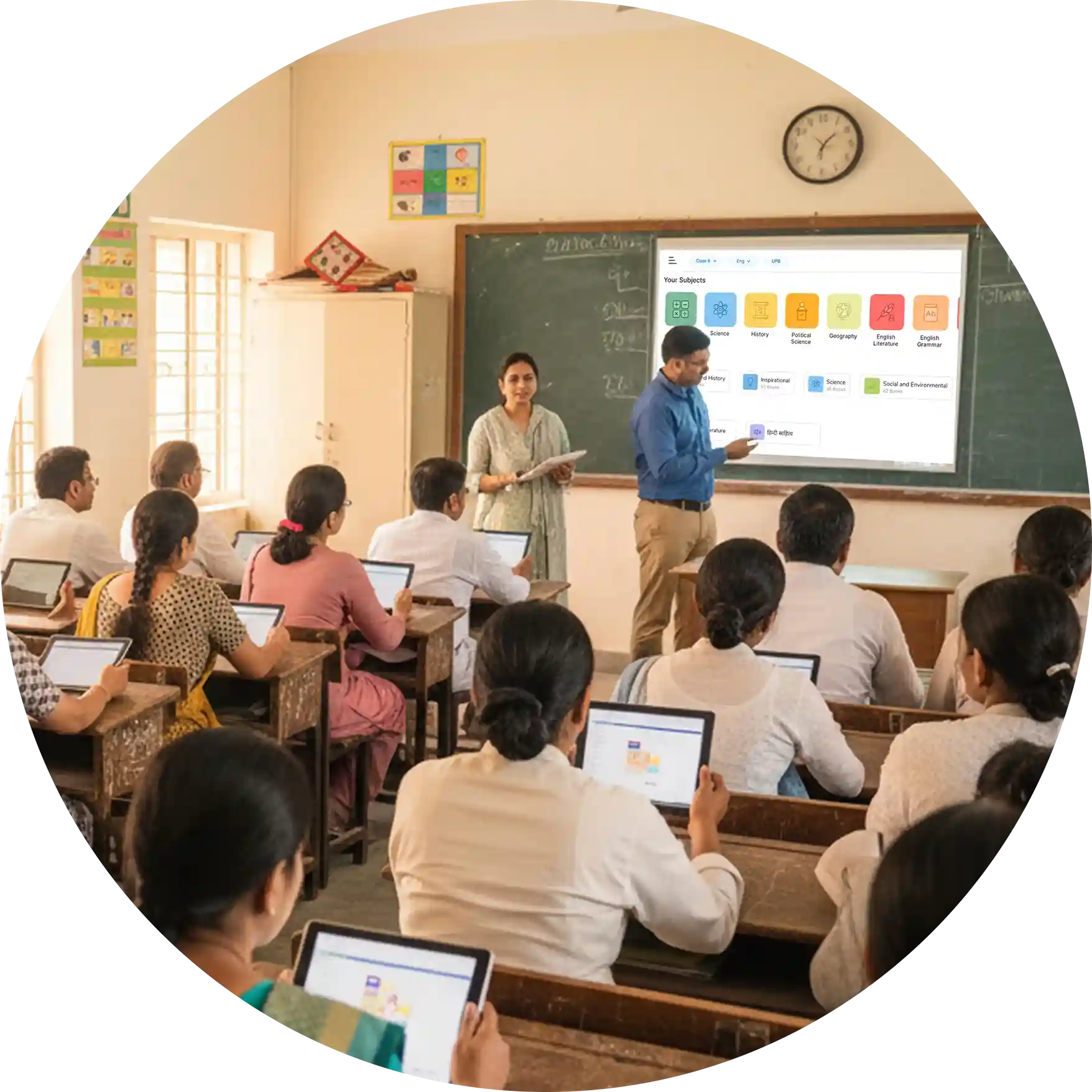 Teacher using iPrep on a projector-based smart class setup implemented by a popular edtech NGO