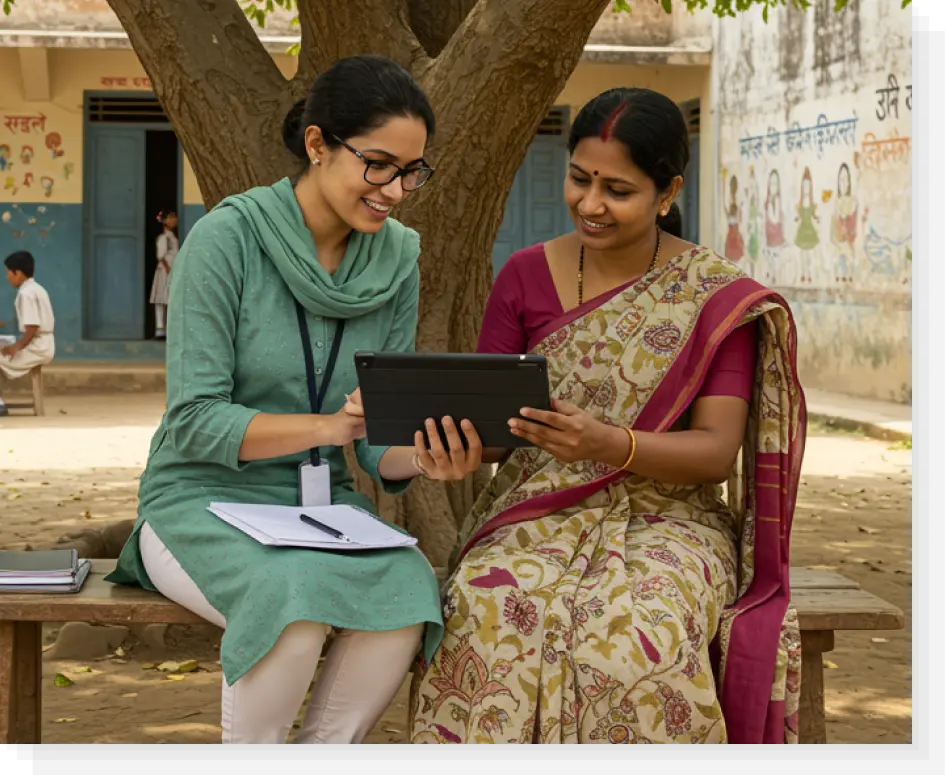 Team member of NGO working for education guiding teacher to use learning tablets for lesson planning