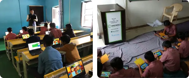 Students engaging in digital learning using tablets and notebooks in an ICT lab set up implemented as per the ICT Scheme under Samagra Shiksha