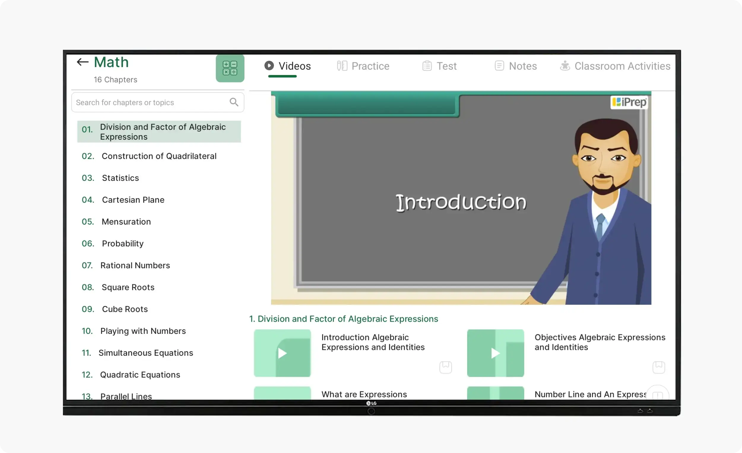 Digital content for school education being displayed on an interactive digital board