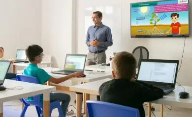 Interactive board panel displaying educational content in a classroom