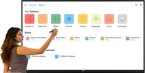 
                    Teacher delivering a lesson using a learning platform on a smart class setup equipped with an interactive flat panel in a school