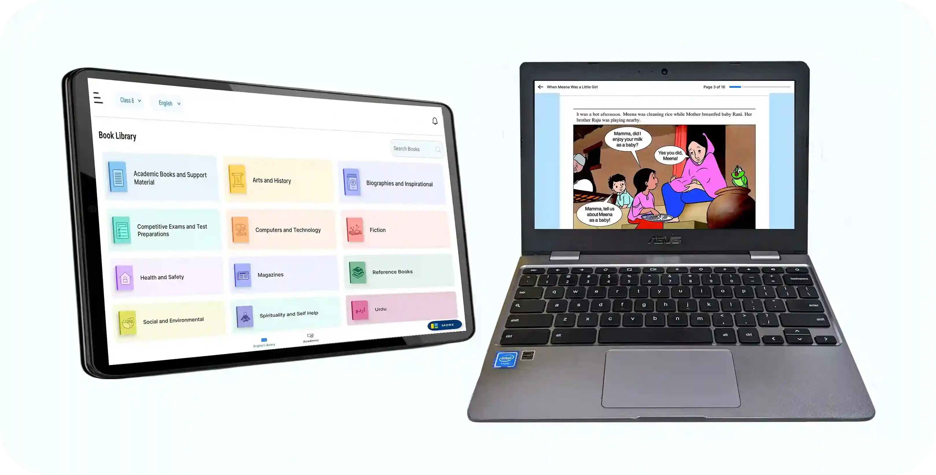 Digital book library displayed on tablet and laptops, representing a digital learning solution that can be implemented in schools by iDream Education