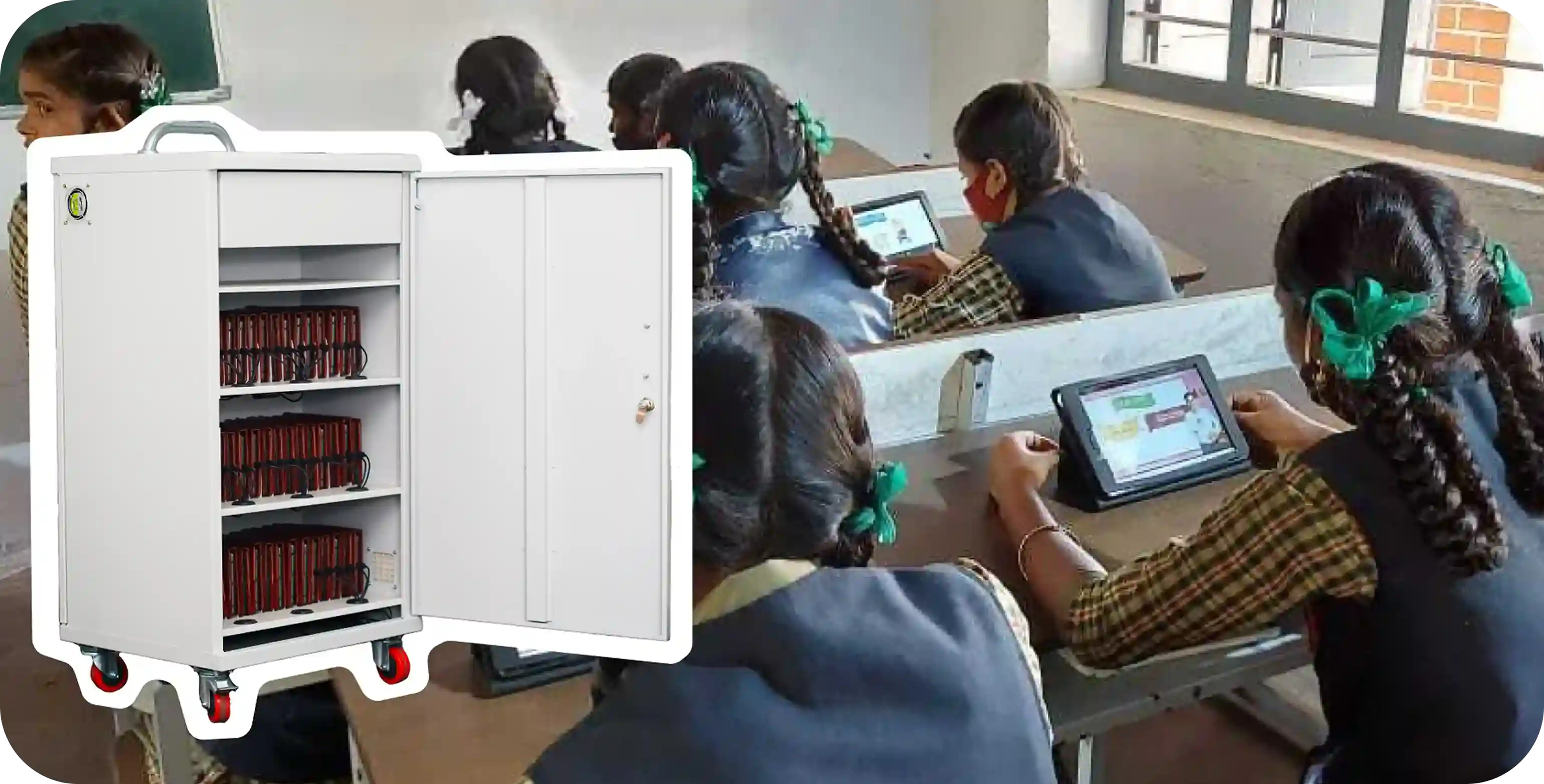 Students using tablet-based ICT lab solution in a classroom setting, engaging with digital learning content