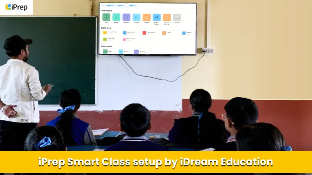 teacher using iPrep digital content in a smart classroom setup at a school in Sohna, Haryana.