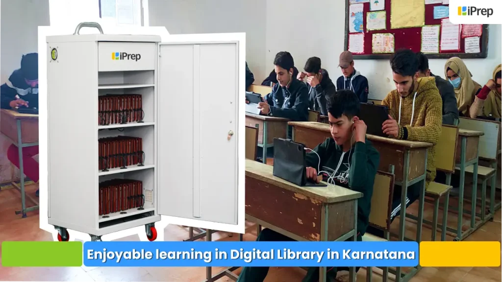 digital content on tablets | digital library in Karnataka Image showing students engaged with digital content on tablets from a digital library in Karnataka schools