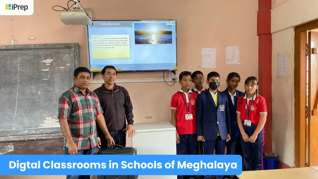 Mobile Digital Library | Digital Library in School of Meghalaya | Smart Class Setup Students and a teacher in a Meghalaya school use mobile digital library on a smart class setup to access digital content.