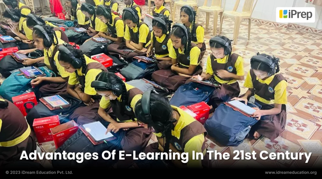 an image of school students getting their hands on the advantages of e-learning with iPrep Learning tablets