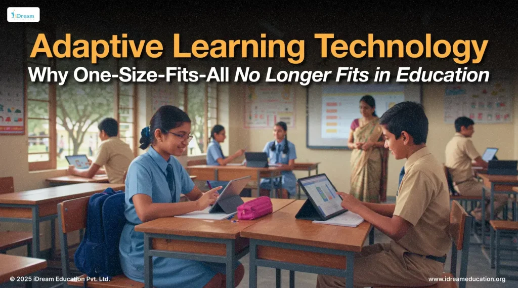 Illustration showing a student using a PAL software on a tablet on the blog's cover image that is focused on how adaptive learning technology customizes education based on individual needs and performance