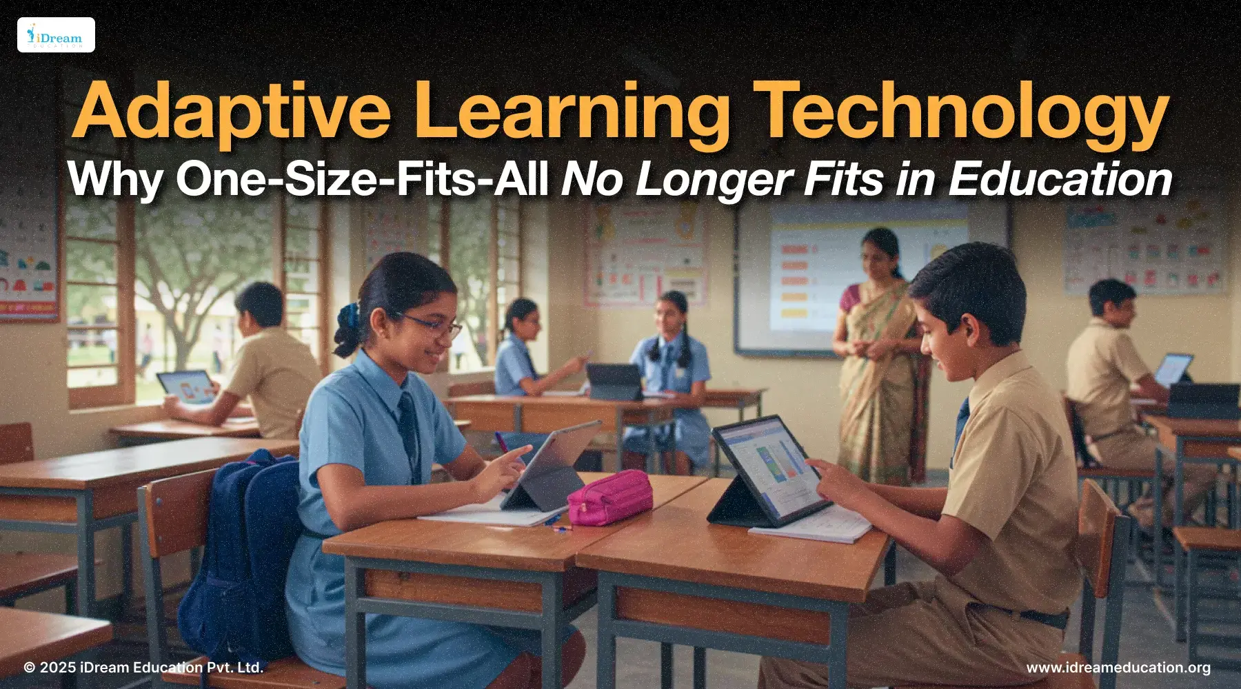 Illustration showing a student using a PAL software on a tablet on the blog's cover image that is focused on how adaptive learning technology customizes education based on individual needs and performance