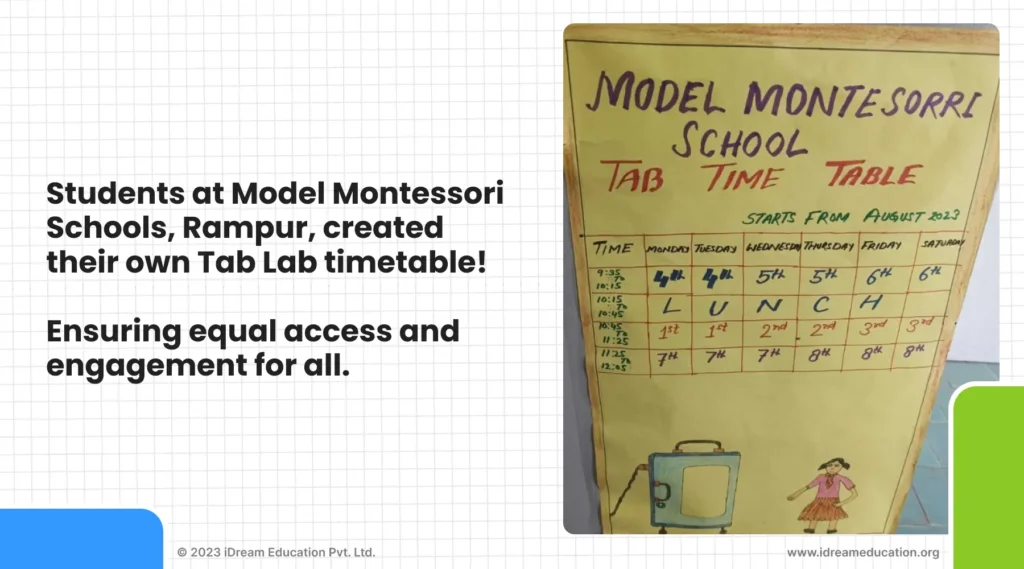 An image of  Tab Lab timetable made by students on chart paper for personalized learning at the School of Rampur UP.
