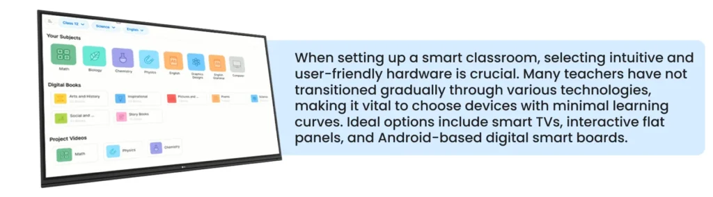 Infographic illustrating key considerations for selecting smart classroom hardware, including recommendations for the types of hardware to set up in schools, and guidance on choosing the right vendor for purchasing smart classroom technology
