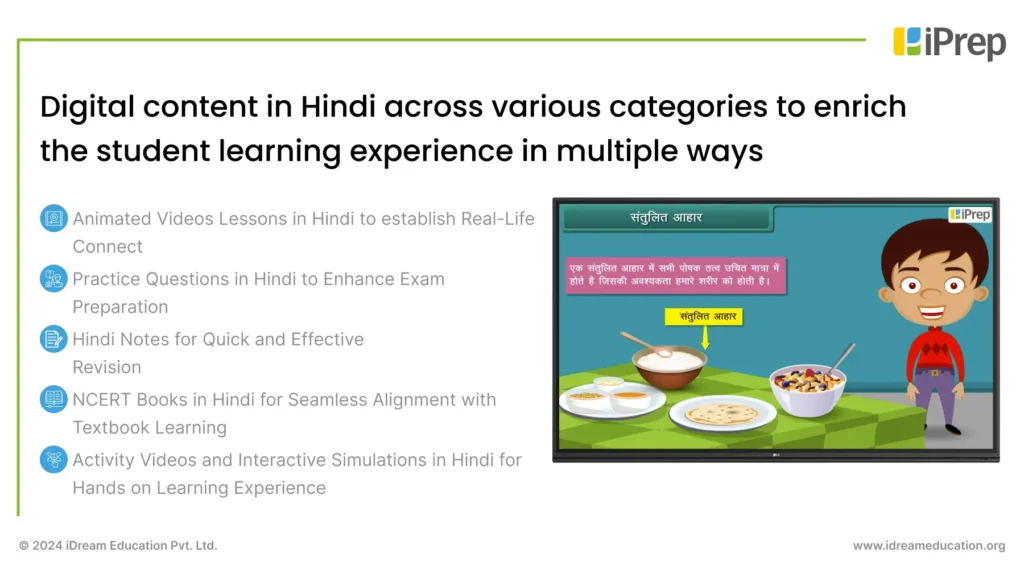 Image illustrating details of multi-category digital content in Hindi for school education programs by iDream Education