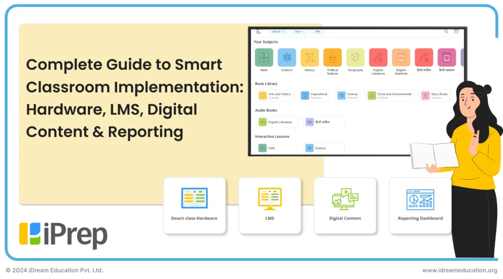 Cover image of smart classroom blog by iDream Education. It is one of the best smart class vendors, providing a comprehensive range of smart class services including smart class hardware, digital learning content, LMS (Learning Management System), and detailed reporting