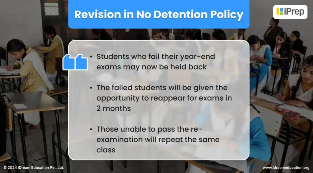 list of key points of the revised No Detention Policy by the central government, emphasizing its impact on student assessment, retention, and holistic development in schools