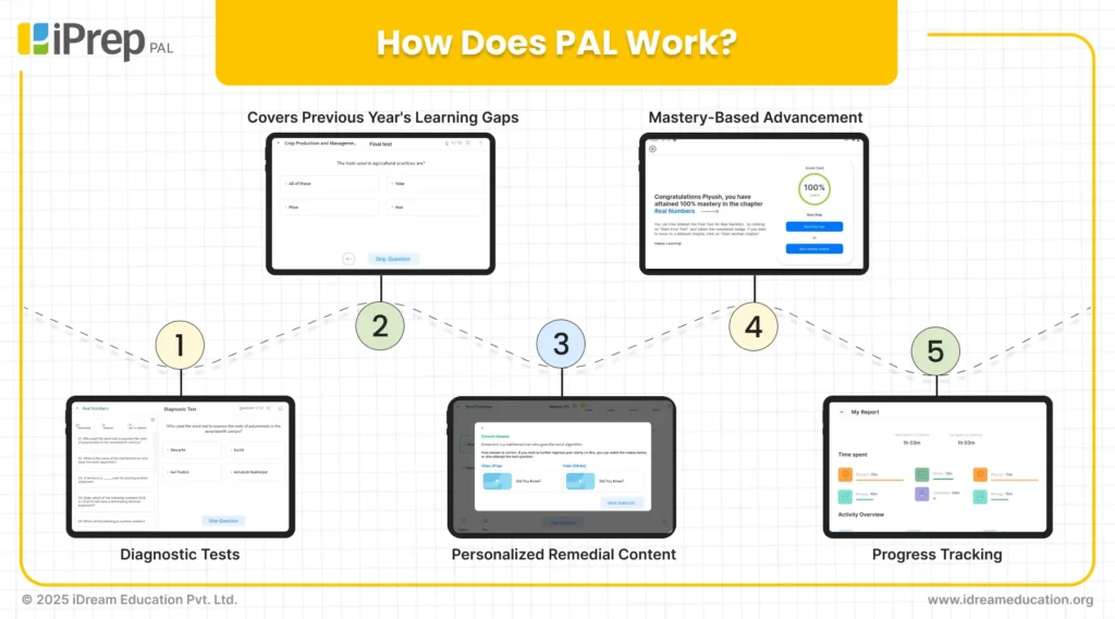 Infographic explaining how the Personalized Adaptive Learning (PAL) application works, showcasing key features of PAL