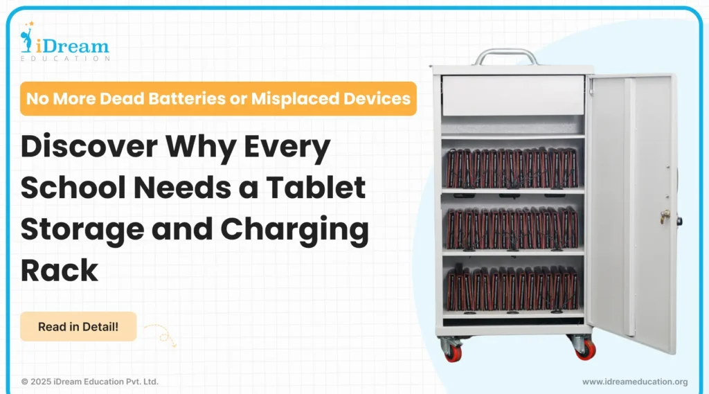 Cover image of the blog showing a charging and storage rack neatly organizing multiple tablets in a classroom or digital learning setup