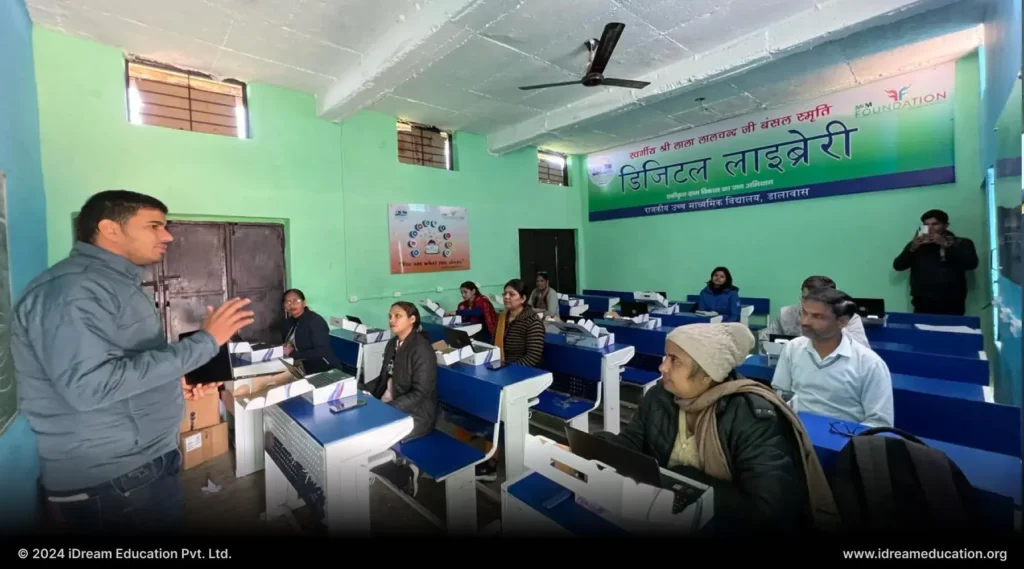 An image showing the iPrep learning platform on PrimeBooks, in a digital library, being accessed in schools across Haryana, India