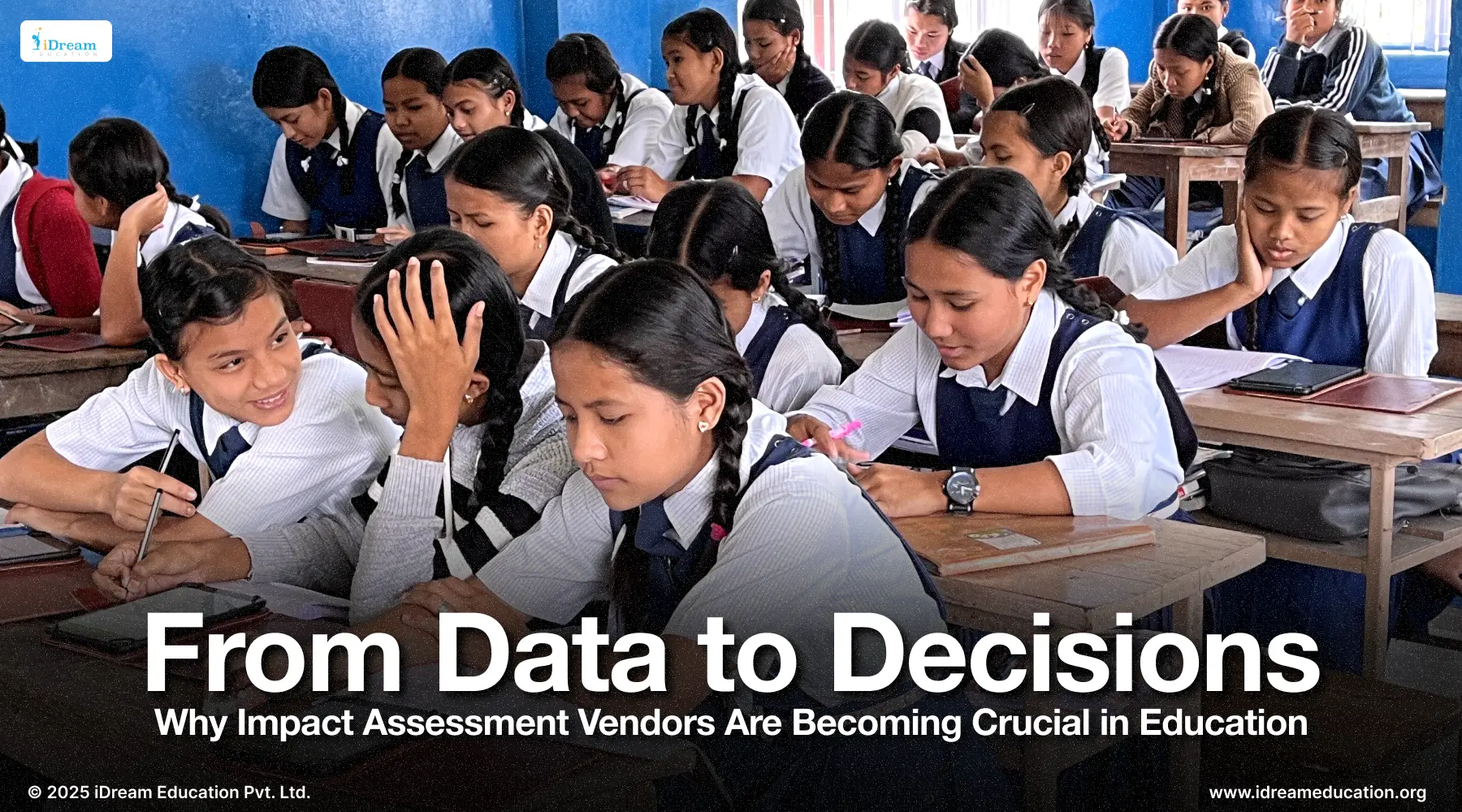 Cover image of a blog titled 'Guiding You to Impact Assessment Vendors in Education and Why They Matter' featuring visuals of students taking assessment on tablets