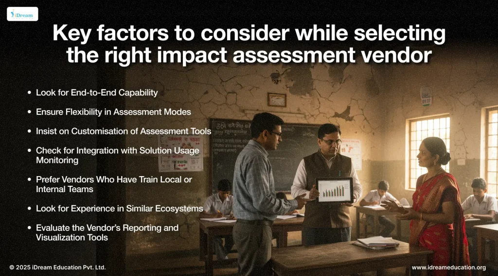 Illustration highlighting key factors to consider when selecting the right impact assessment vendor in education