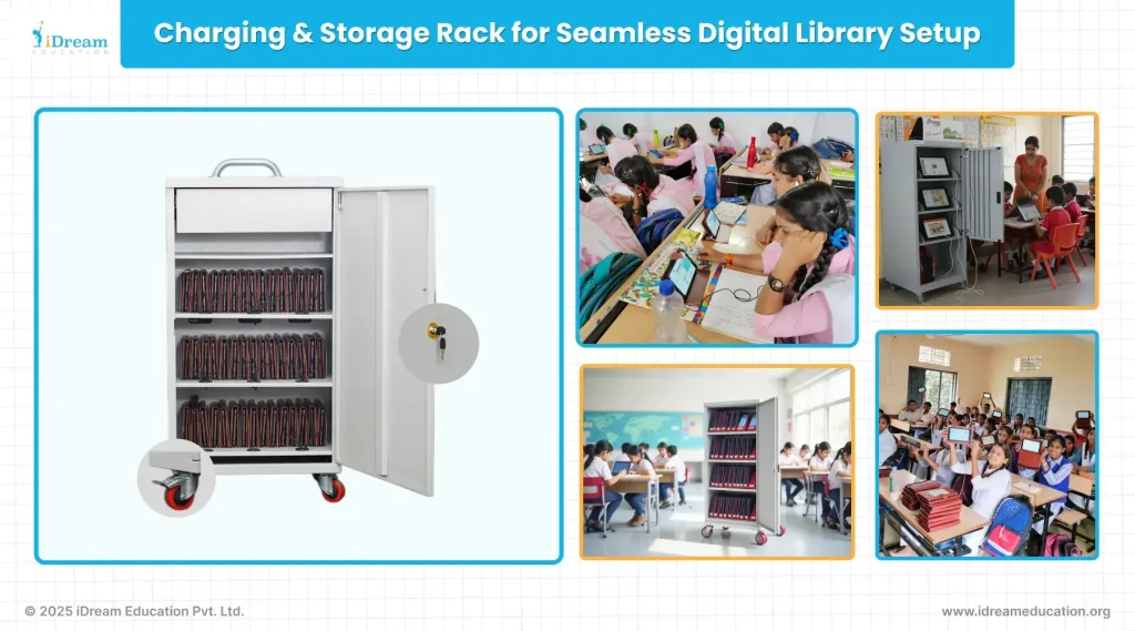 Storage and charging rack neatly organizing multiple tablets as part of a digital library setup in a classroom