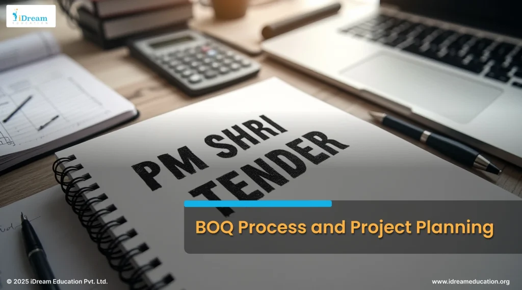 Organized project planning desk with BOQ, calculator, pens, and laptop showing PM SHRI digital library implementation.