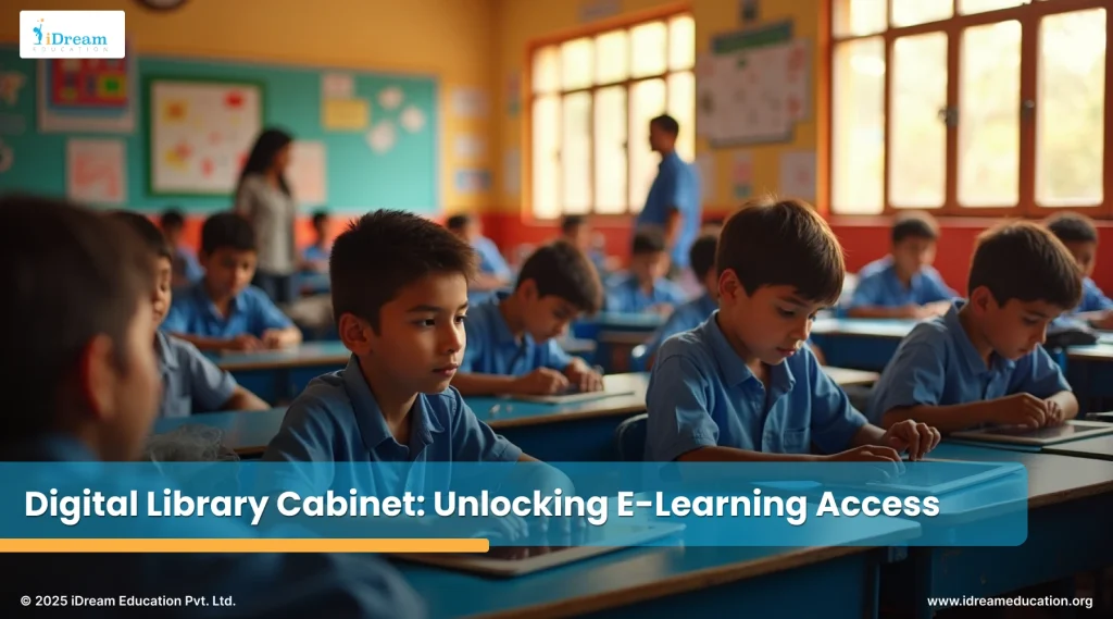 Delhi school classroom with students and teacher using tablets, digital library cabinet in the corner, and CSR, NGO staff installing equipment.