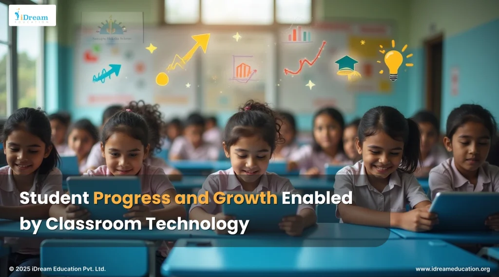 Delhi classroom with engaged students using tablets, surrounded by growth icons; faded government school building in the background.